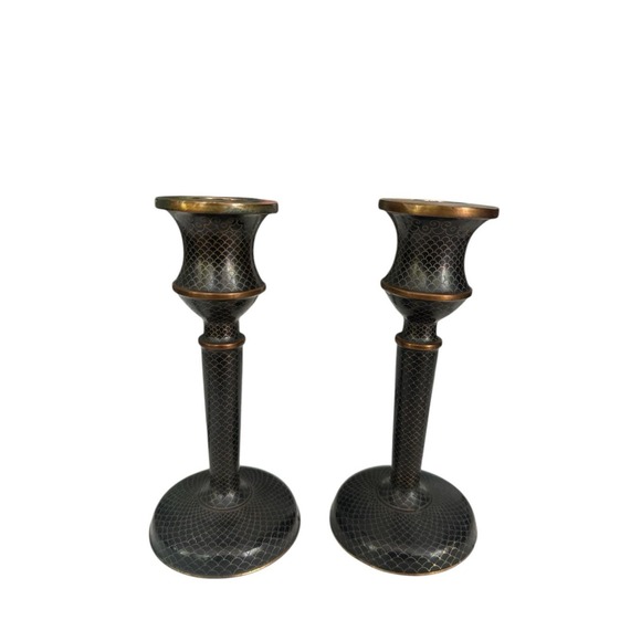 Pair Of Antique Chinese Black Scale Cloisonne Candle Sticks (2) XIX Century